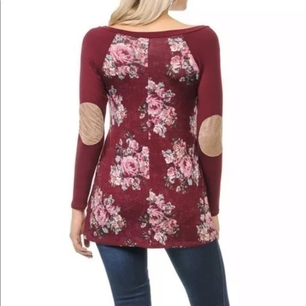 Floral Print Elbow Patch Long Sleeve Raglan Top - Picture 8 of 9